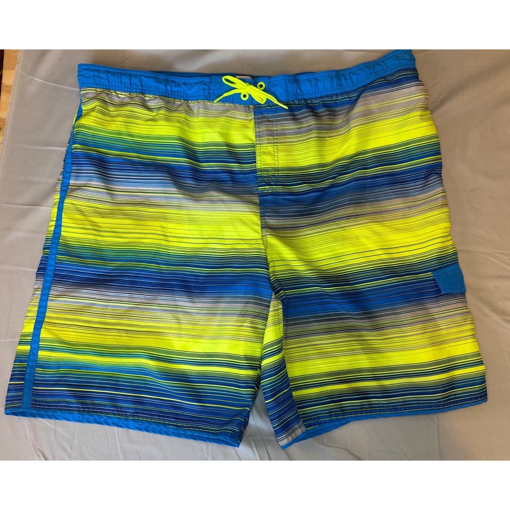 Nike Swim Trunks Mens XXL Blue Neon Yellow Striped Mesh Lined Pocket Beach